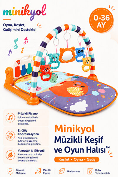 minikyol Müzikli Keşif Halısı Piyanolu Aynalı Çıngıraklı Bebek Oyun Halısı ve...