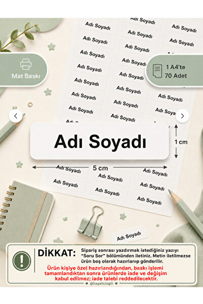 Hayali Çizgili Kişiye Özel İsim Etiketi Mat Baskı 5x1 cm 70 Adet A4 Okul İsim...