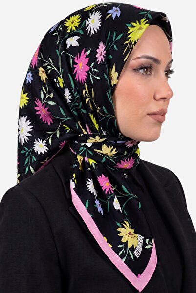 hadiora وشاح نسائي ناعم من القطن العضوي بنقشة زهور باللونين الأسود والوردي