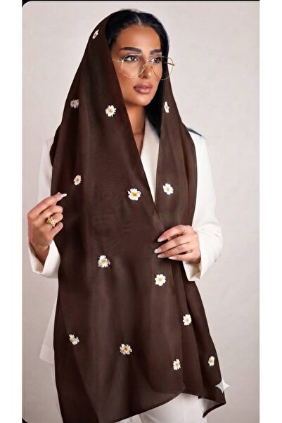 Veil Designer طرحة بوال بني محروق طبقيتن . بتطريز الورد الصفير المنثور علي كا...