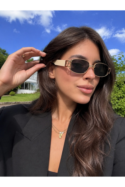 cavezzo Women's Sunglasses Rectangular Gold Cream Frame Black Piercing Glass