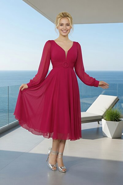 FaBe Fashion Uzun Manşet Kollu Kalp Yaka Beli Tokalı Ve Büzgülü Midi Şifon El...