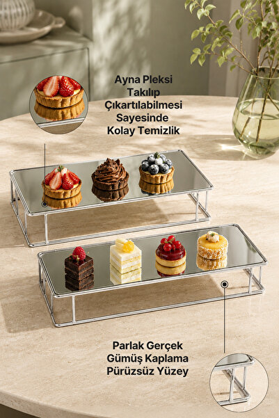 mba decor metal bending art Prisma Model Gümüş Aynalı Sunum Tepsisi – İkili Set | Dekoratif & Şık Sunum 30x15cm
