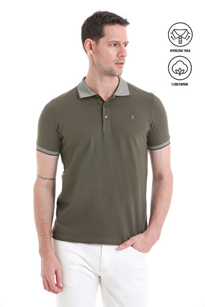 Hatemoğlu Khaki Regular Fit 100% Cotton Non-Curling Polo Collar T-Shirt