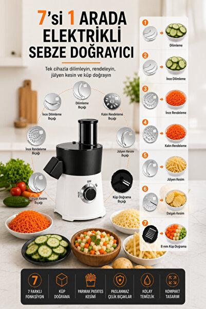 ROBO Elektrikli Sebze Meyve Doğrayıcı – 8 mm Küp Doğrama, 7 Kesim Aparatı, 65 mm Geniş Besleme Beyaz