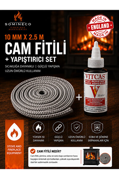 SOMINECO Fiberglass Antrasit Renk Soba Şömine Fitil 10 Mm X 2.5m Vıtcas Yapış...