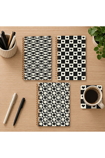 lin notebook A5 15x21 cm 3’lü Spiral Kareli Defter Seti - 80 Yaprak Siyah Bey...