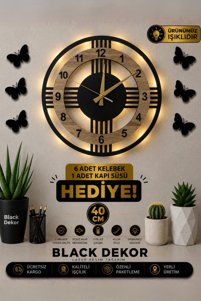 Blackdekor Sonoma Renkli LED Işıklı Modern Ahşap Duvar Saati | Şık ve Dekorat...