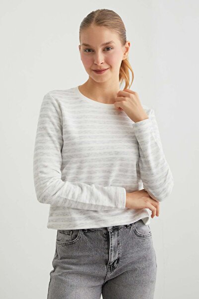 Fulla Moda 3 İplik Şardonsuz Çizgili Bisiklet Yaka Sweatshirt
