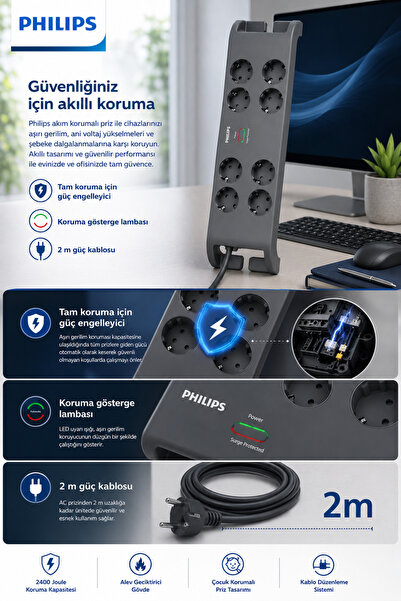 Philips SPN8180GA Akım Korumalı Priz 8'li + 2x Usb-A 18W + 2x Usb-C 20W - 2m Kablo - Siyah