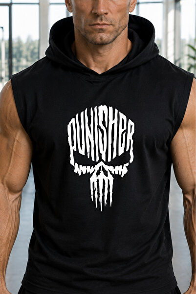 BESSA Erkek Punisher Baskılı Siyah Oversize Bisiklet Yaka Pamuklu Kapüşonlu Kolsuz Sporcu Atlet/Tshirt