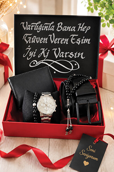 GulShop ERKEK HEDİYE METAL KOL SAATİ-SİYAH KEMER-CÜZDAN-HARFLİ TESBİH-BİLEKLİK