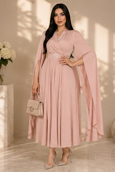 FIRST STYLE Pink midi dress with wrap design and elegant sleeves