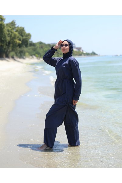 Rosto Fashion Fully Covered Hijab Swimsuit with Adjustable Stopper Navy Blue 3 Piece Full Length