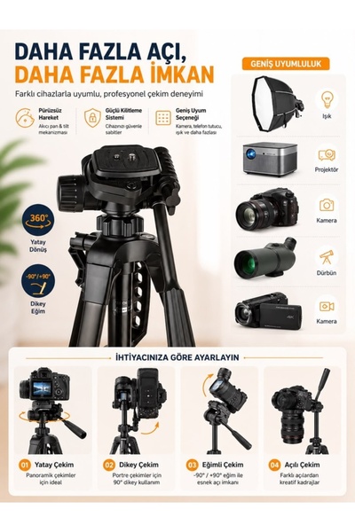 FEDDY 140 Cm Profesyonel Telefon Kamera Tutucu Çantalı Tripod 360° Döner Başl...
