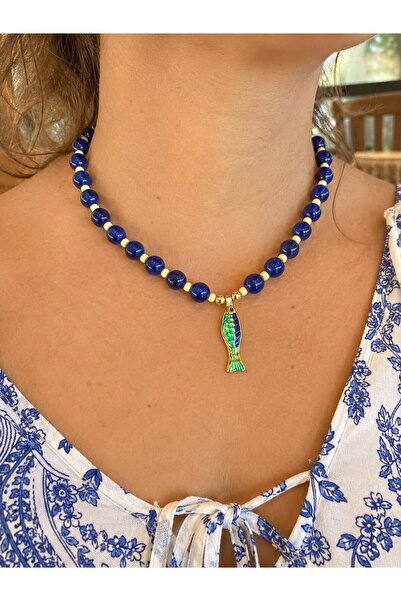 Marka Ceramic Beaded Fish Women's Necklace Navy Blue Soft