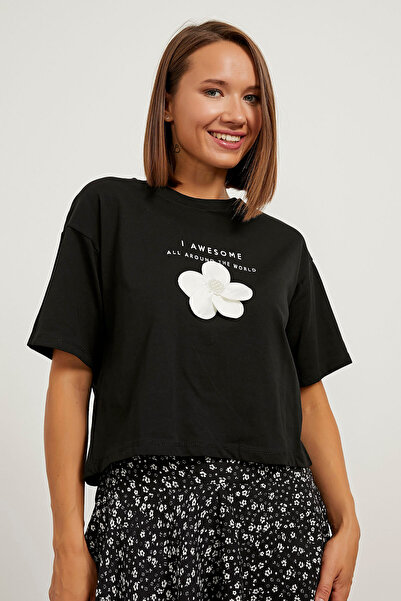 Arma Life Tricou negru cu mânecă scurtă cu imprimeu floral pentru femei