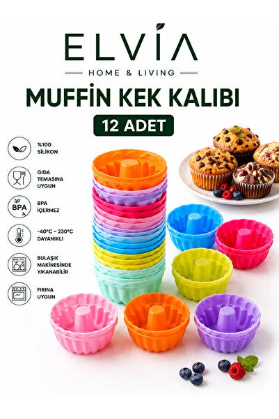 ELVIA SİLİKON Silikon Mini Kek Kalıbı, Muffin Kalıbı, Tekrar Kullanılabilir, ...