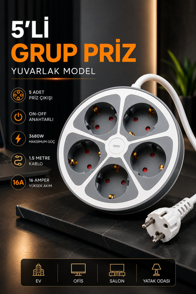 Ecuy 5'li Anahtarlı Grup Priz Yuvarlak Model 1.5 Metre Kablolu Çoklu Priz Ev ...