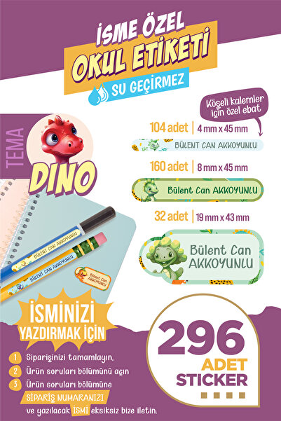 colortouch 296 ADET Dino temalı Okul Etiketi Kalem Etiketi Defter Etiketi Kiş...