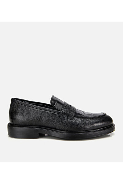 Hotiç Erkek Deri Siyah Kroko Detaylı Klasik Loafer