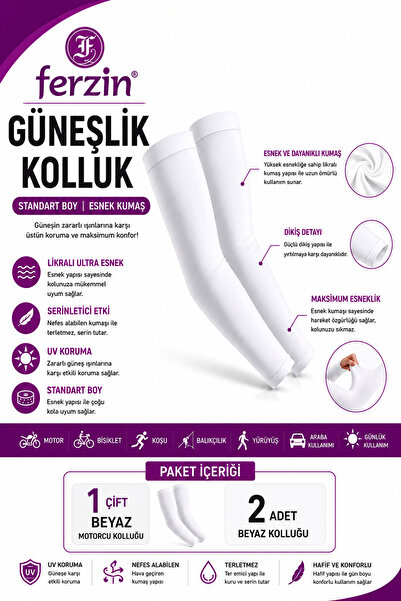 Ferzin Güneşlik Motorcu Kolluğu UV Korumalı Likralı Esnek Spor Kolluğu Standart Boy 1 Çift Siyah + 1 Çift Beyaz Toplam 2 Çift (4 Adet)