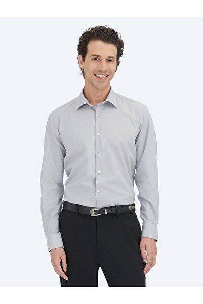 Kip Gray Regular Fit Long Woven Classic Cotton Blend Shirt