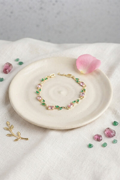 Generic Brand Brass Gold Color Pink Zircon Stone Flower Model Women's Bracelet