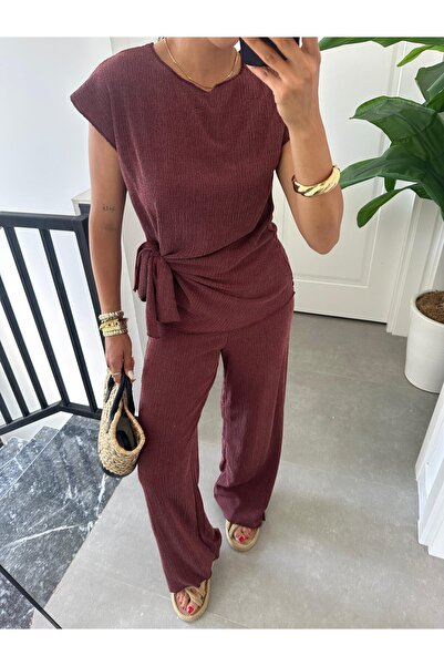 Paw Garage Kadın Sienna Bordo Bağlama Detaylı Krinkıl Kumaş Bluz Pantolon Takım