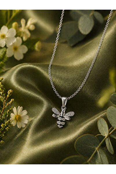 Sylvera Shop Steel Necklace with Sparkling Stone and Bee Figure (Silver Color)