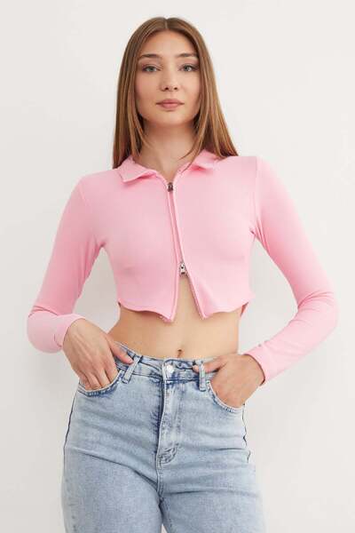 Fulla Moda Çift Fermuarlı Polo Yaka Bluz