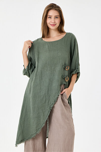 della moor Women's Khaki Italian Deep Side Slit Long Linen Tunic, Size 40 - 44