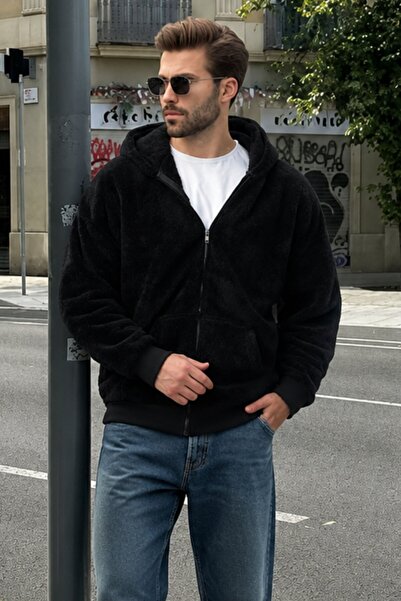 Madmext Black Plush Over Fit Hooded Zippered Men's Sweatshirt 6049