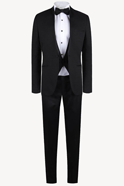 Ysf Erkek Siyah Slim Fit Hakim Yaka Yelekli Desenli Damatlık