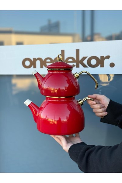Onedekor Premium Dembu Emaye Çaydanlık Demlik Seti Kırmızı Gold