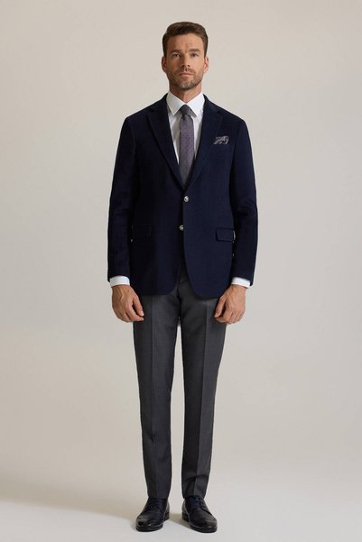 Ysf Erkek Lacivert Regular Fit Mono Yaka Puntolu Yün-Kaşmir Karışımlı Blazer Ceket