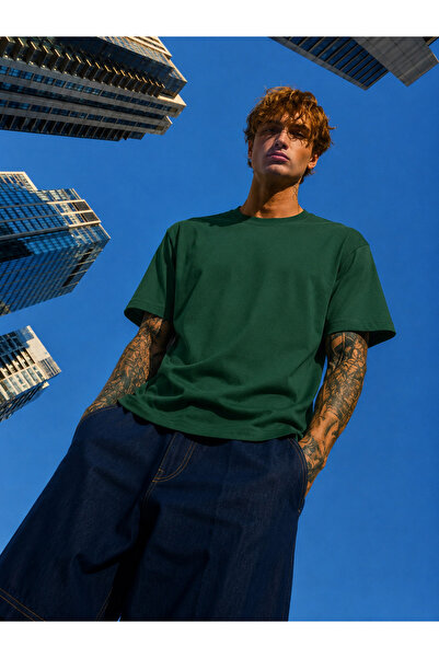 DAMGA JEANS تي شيرت رجالي صيفي أخضر اللون من القطن بنسبة 100% بقصة عادية