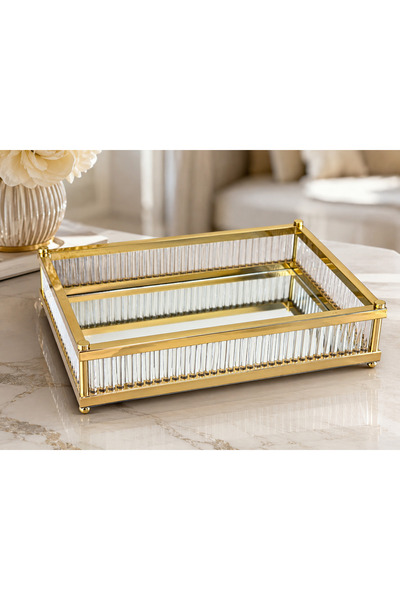 Hinora Rectangular Glass Bar Presentation Tray Mirrored Gold Metal Decorative...