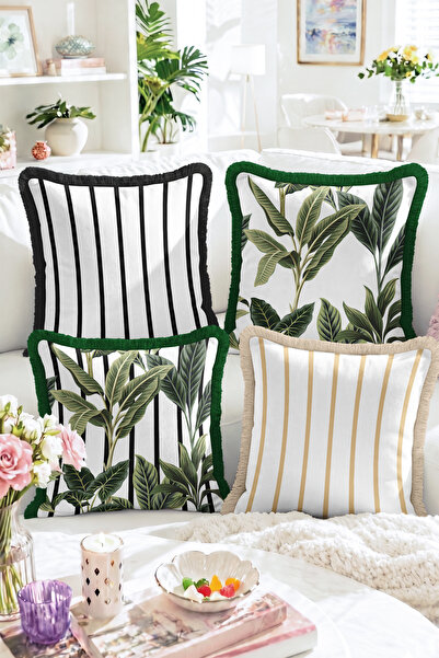 Realhomes Set of 4 Fringed Throw Pillow Covers with Green Leaf Motifs and Str...