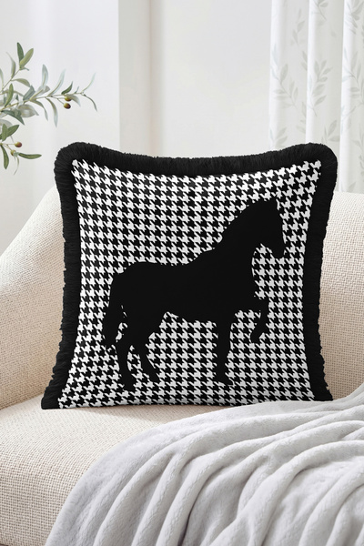 Realhomes Black and White Fringed Throw Pillow Cover with Black Horse Silhoue...