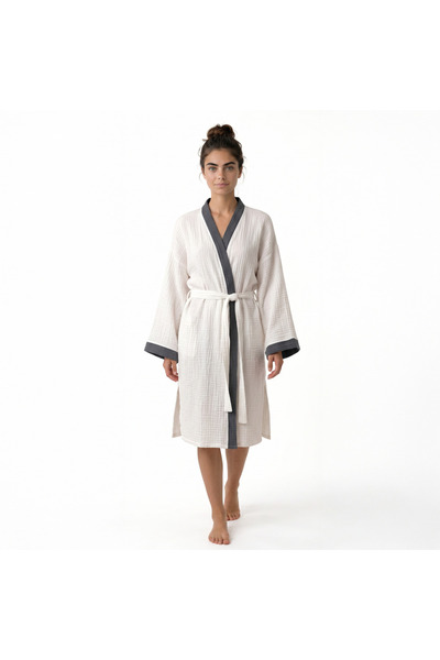 Home Harmony Colorful Collar Kimono 4 Layer Muslin Bathrobe