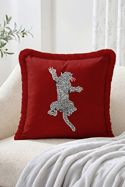 Realhomes Burgundy Fringed Throw Pillow Cover with Leopard Patterned Jumping ...