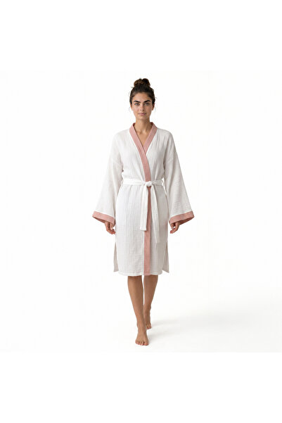 Home Harmony Colorful Collar Kimono 4 Layer Muslin Bathrobe