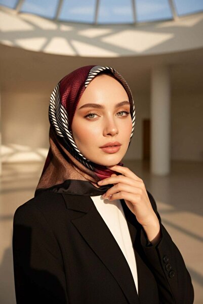 Vissona %100 Twill İpek Dokulu ve Geometrik Desenli Bordo - Bej Renkli 90x90 ...
