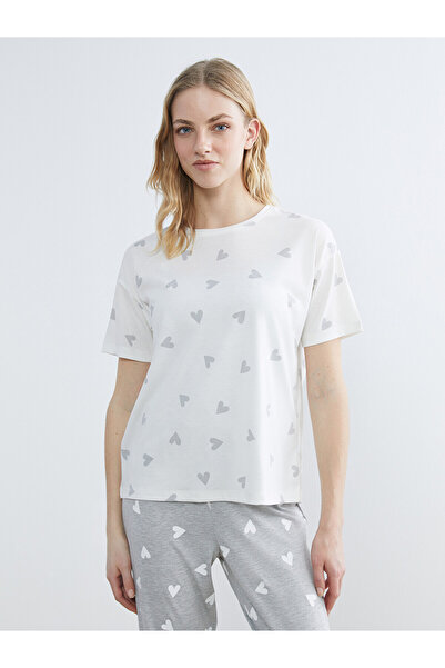 LC Waikiki Trendlucky Women's Pajama Top with Oval Neckline and Heart Print