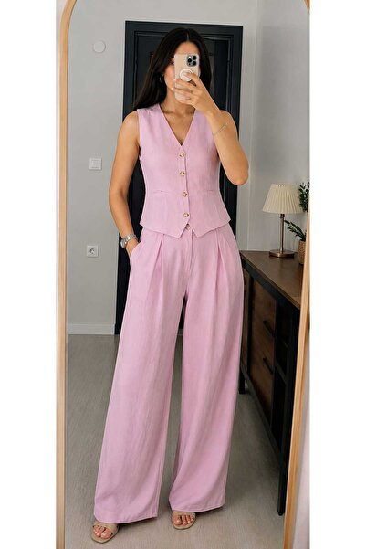 MUDOME Keten Pantolon Takım - Pembe