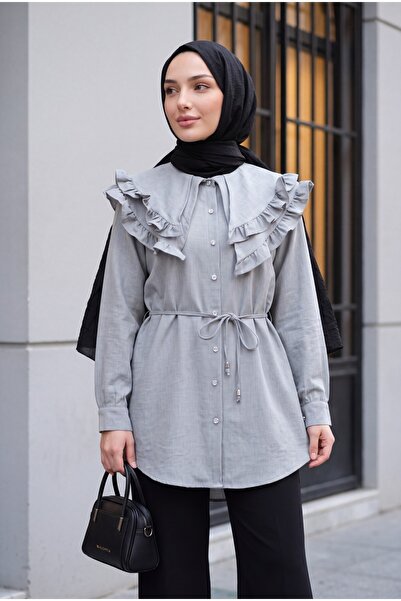 Modamorfo Double-Layered Ruffled Collar, Buttoned, Lace-Up Waist, Linen-Look ...