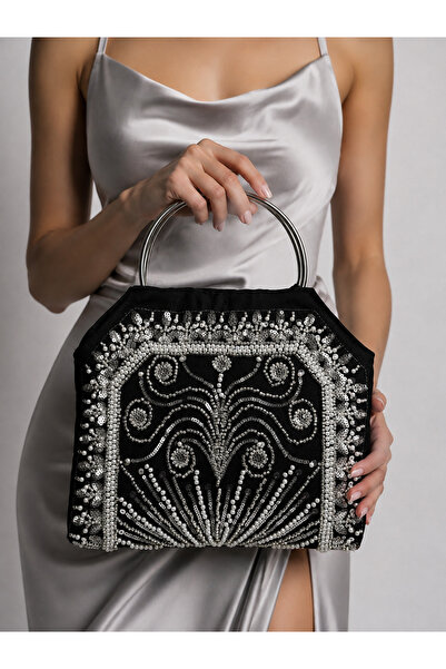 GUSTELLO Black Stone and Sequin Bead Embellished Evening Dress Handbag Sparkl...
