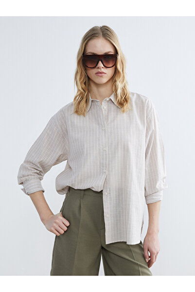 LC Waikiki Two Mt Shop Quality Striped Oversize Poplin Women's Shirt