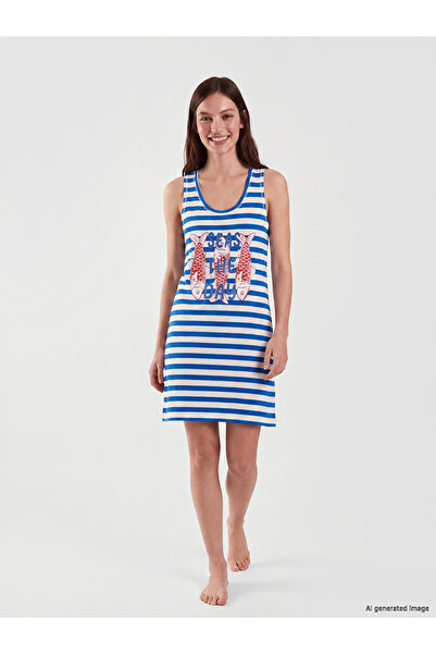 LC Waikiki Nevavm Women's Nightgown with Oval Collar and Printed Design